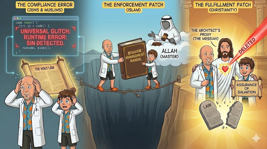 Conceptual visual: Illustration of the 'in-app compliance error'—a user nervously reviewing code or a checklist on a glowing tablet before a vast, imposing firewall labeled 'SHARIA' or 'LAW'; above, a warning icon signals 'non-compliance detected'